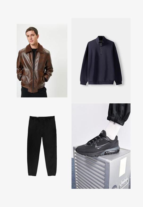 Brązowa skórzana kurtka z puszystym brązowym kołnierzem, zapięciem na zamek z przodu, dwiema przednimi kieszeniami i dopasowanym krojem. Gładka faktura z błyszczącym wykończeniem.; Granatowa bluza z wysokim kołnierzem, zamek błyskawiczny do połowy długości, miękka tekstura i długie rękawy. Zawiera detal w postaci uchwytu w kształcie kółka przy zamku.; Czarne spodnie z elastycznym paskiem i sznurkiem, zwężane nogawki, boczne kieszenie oraz subtelne detale szwów po bokach. Miękka bawełniana tkanina.; Nike Sportswear PULSE czarny