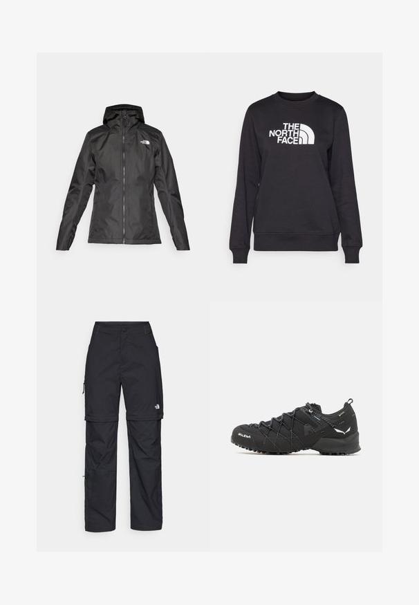 Czarna wodoodporna kurtka z kapturem, z zapięciem na zamek błyskawiczny z przodu i długimi rękawami. Posiada białe logo na górnej lewej stronie. Gładka tekstura materiału.; Czarny sweatshirt z okrągłym dekoltem, długimi rękawami, ściągaczami przy mankietach oraz białym logo "The North Face" umieszczonym na środku przodu. Gładka tekstura.; Czarne nylonowe spodnie cargo z odpinanymi nogawkami, regulowanymi mankietami, wieloma kieszeniami oraz logo na prawej nogawce. Gładka, lekka tekstura.; Czarne buty trekkingowe z teksturowaną cholewką z tkaniny, systemem sznurowania i wytrzymałą gumową podeszwą. Udekorowane odblaskowymi detalami i logo.