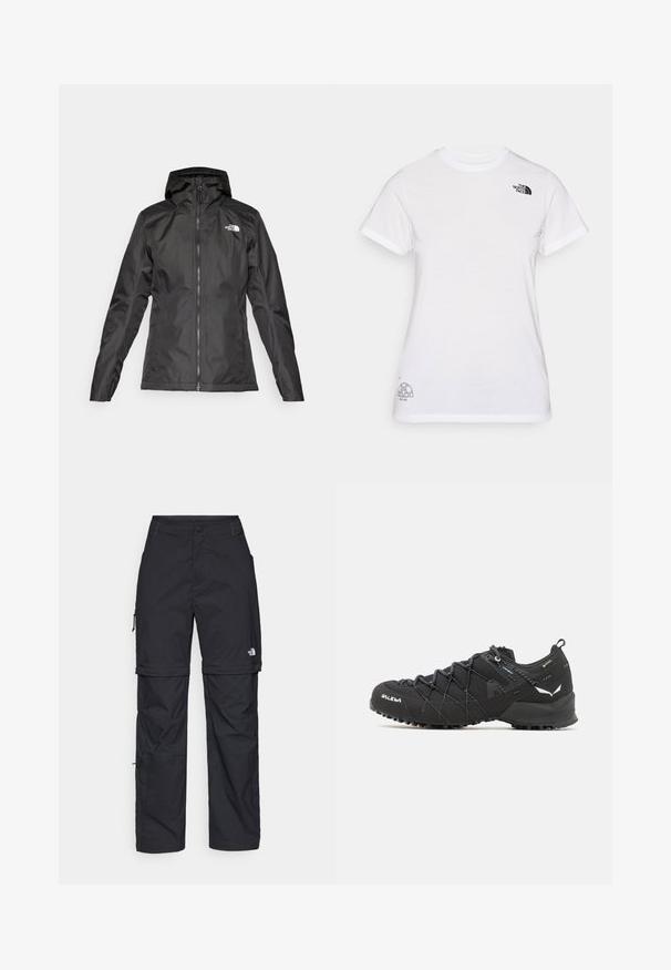 Juodas nepralaidus vandeniui džemperis su kapišonu, priekyje užtrauktuku ir ilgomis rankovėmis. Viršutiniame kairiajame kampe yra baltas logotipas. Lygi audinio tekstūra.; Balta medvilninė marškinėliai su juodu logo kairiajame krūtinės šone ir pilku grafiniu dizainu apatiniame dešiniajame kampe. Klasikinis apvalus kaklas ir trumpomis rankovėmis.; Juodos nailoninės krovinių kelnės su reguliuojamais rankovėmis, daugybe kišenių ir logo ant dešinės kojos. Lygi, lengva tekstūra.; Juodi žygio batai su tekstūruotu audiniu, raišteliais ir tvirtu guma padu. Papuošti atspindinčiomis detalėmis ir logotipais.