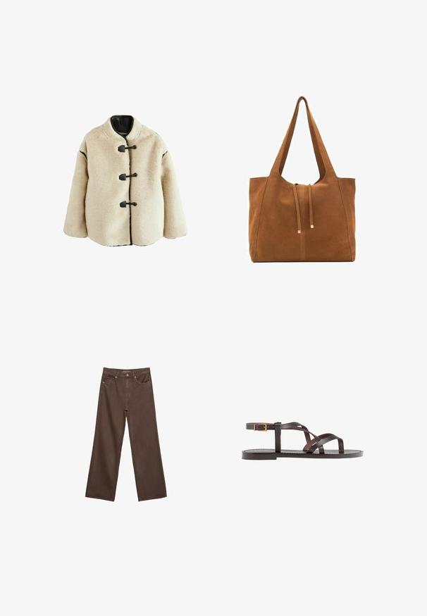 Beige fleece-takki korkealla kauluksella, mustilla yksityiskohdilla ja nyöriteksteillä. Tekee pehmeästä tekstuurista ja löysästä, laatikkomaista muotoa.; Ruskea puuvillapaita, jossa on lyhyet hihat ja syvä V-kaula-aukko. Yksinkertainen muotoilu, pehmeä rakenne ja suora helma. Ei kuvioita tai yksityiskohtia.; Leviittävät ruskeat farkut, jotka on valmistettu denimistä, korkea vyötärö, etutaskut ja klassinen nappikiinnitys. Silkkinen pinta hienovaraisella ompelutyöllä.; Ruske kožne sandale s križnim trakama, zatvaranjem na kopču oko gležnja i ravnim potplatom s minimalnim detaljima šivanja.; Ruskea nubuk-olkalaukku, jossa on kaksi pitkää hihnaa, naru- ja minimalinen sulkemismekanismi. Tasainen pinta ja ei näkyviä metalliosia.