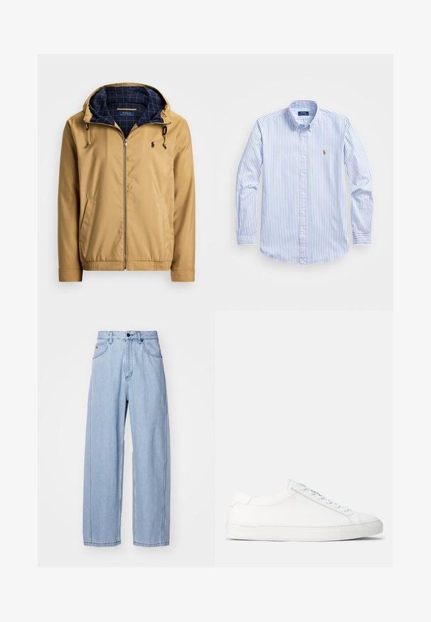 Beige zipjakke med justerbar hette. Har marineblå rutete fôr, sidelommer, elastiske mansjetter og en liten logo på brystet.; Lyseblå og hvitstripet skjorte med knapper, klassisk krage, lange ermer og en liten brodert logo på brystet.; Lyseblå denimjeans med vide ben, som har frontlommer, knaplukning og detaljeret syning langs sømene.; Hvite lær sneakers med en jevn tekstur, rund form, flat gummisåle og hvite snører. Har et minimalistisk design og subtil merking.