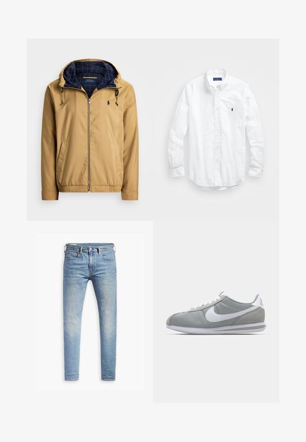 Hnědá zipová bunda s nastavitelnou kapucí. Obsahuje modrou kostkovanou podšívku, boční kapsy, elastické manžety a malé logo na hrudi.; Bílá košile s dlouhým rukávem a knoflíkovým zapínáním vyrobená z bavlny. Má klasický límec, knoflíkové manžety a malé námořnické vyšívané logo na hrudi.; Světle modré slim-fit džíny s mírným vyblednutím na stehnech, zapínání na knoflík vpředu, poutka na opasek a pět kapes na bílém pozadí.; Šedá sportovní bota s svrchní částí z semiše a textilu, bílým logem Nike a bílými tkaničkami. Obsahuje texturovanou gumovou podrážku a polstrovaný límec.