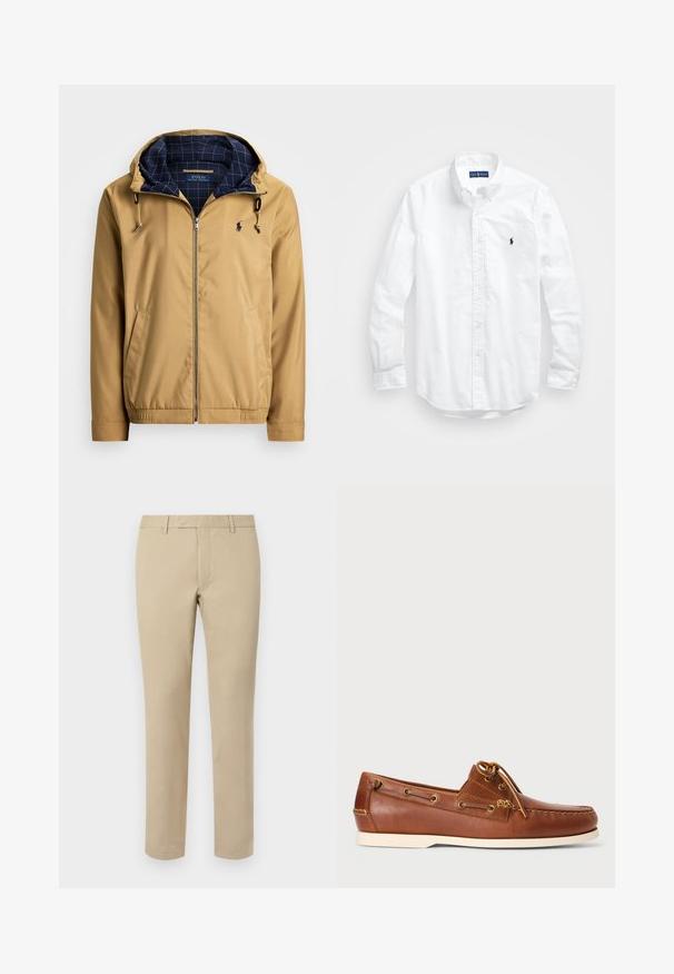 Tanfarbena zip-up jakna z nastavljivo kapuco. Ima mornarsko črtasto podlogo, stranske žepke, elastične manšete in majhen logotip na prsih.; Bela dolg rokav srajca s gumbi iz bombaža. Ima klasičen ovratnik, gumbnice na zapestjih in majhen temno moder vezen logotip na prsih.; Bež hlače iz bombaža s ravnim krojem, ki vsebujejo zanke za pas, ravno sprednjo stran in natančno obdelane robove. Gladka tekstura in minimalno podrobnosti.; Rjave usnjene čolnarice z vezalkami, zlatimi luknjicami in smetanasto gumijastim podplatom. Oblikovane z dvignjenim šivnim vzorcem na konici.