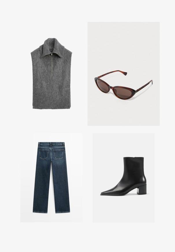 Pullover grigio senza maniche con colletto alto, realizzato in un materiale morbido e testurizzato. Presenta una cerniera frontale e un design dal taglio rilassato.; Camicia bianca con bottoni, caratterizzata da strisce verticali grigio chiaro, colletto a point, maniche lunghe e una vestibilità ampia. Realizzata in tessuto leggero.; Jeans in denim blu scuro con taglio dritto, dotati di due tasche posteriori e cuciture visibili lungo le cuciture e gli orli.; Stivaletto in pelle nera con punta appuntita, texture liscia e tacco medio a blocco. Design minimalista, chiusura con zip sul retro.; Occhiali da sole tartarugati marrone con forma a occhio di gatto, lenti scure e aste nere con motivo testurizzato. Design classico, dettagliato e leggero.