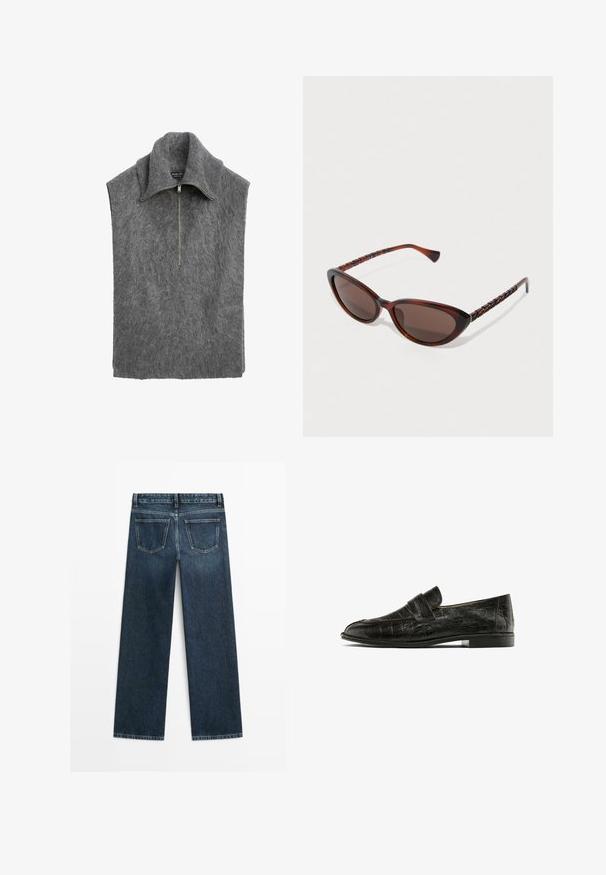 Grå ærmeløs pullover med høj krave, lavet af blødt, tekstureret materiale. Har en lynlås foran og et afslappet pasform-design.; Hvid skjorte med knapper og lodrette lysegrå striber, spredt krave, lange ærmer og en afslappet pasform. Fremstillet af letvægtsstof.; Mørkeblå denimjeans i lige snit med to baglommer og synlig syning langs sømme og kanter.; Sorte loafers med krokodillelædertekstur, med en markant rem på tværs af vristen, præsenteret mod en hvid baggrund.; Brune skildpaddesolbriller med katteøje-form, mørke linser og strukturerede sorte mønstrede stænger. Klassisk, detaljeret og let design.