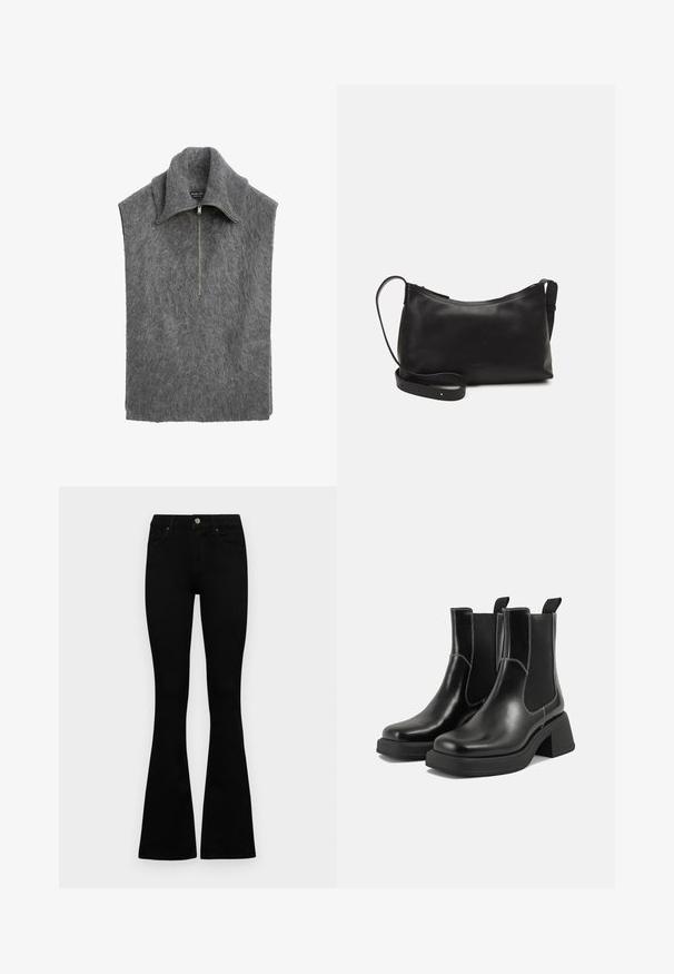 Gray sleeveless pullover with a high collar, made of soft, textured material. Features a front zipper and a relaxed fit design.; White cotton t-shirt with short puff sleeves, featuring small silver embellishments along the sleeves. Classic round neckline, relaxed fit.; Black high-waist jeans with a button and zip closure, front pockets, and flared legs laid flat on a white background.; Black leather Chelsea boots with a chunky heel, elastic side panels, and contrasting white stitching. Textured finish.; Black leather shoulder bag with a smooth texture, curved shape, adjustable strap, and a zip closure. Minimalist design without embellishments.