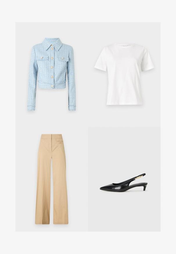Light blue tweed jacket with a cropped design, button closure, two chest pockets, and frayed hem details. Gold-tone buttons accent the front.; White cotton t-shirt with short sleeves, round neckline, and a relaxed fit. Smooth texture, no patterns or accents, minimalistic design.; Beige wide-leg pants made of cotton blend fabric. Features a smooth texture, elastic waistband, and a side button detail.; Black leather slingback heels with a pointed toe, featuring a slim heel and a gold-tone accent on the adjustable strap. Smooth texture.