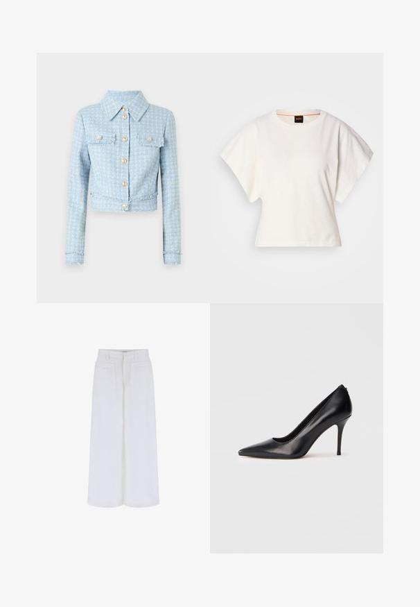 Hele sinine tweed jakk lühikese disainiga, nööbiga kinnitamine, kaks rinna taskut ja kulunud servade detailid. Ees on kuldse tooni nööbid.; Valge lühikeste laiadte varrukatega lühike T-särk, pehme puuvillane materjal, ümar kaelus kergelt oranži ääristusega, minimaalne disain, ilma mustrite ja graafikateta.; Valged laiad püksid sujuva tekstuuriga, millel on kaks esistaskut ja nööbilukk, on loodud mugava sobivuse jaoks.; Must nahast kõrge kontsaga kingad terava varba, siledat tekstuuri ja elegantse disainiga. Omavad peent, kõrgendatud kontsa ja madalat esiosa.