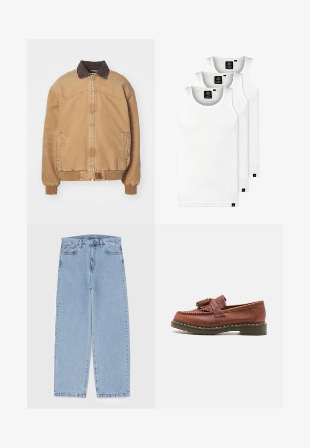 Béžová bomber bunda s hnedým golierom a rebrovanými manžetami. Obsahuje predný zips a bočné vrecká. Hladká látka s tónovaným prešívaním.; Tri biele rebrované tielka vyrobené z bavlny. Majú okrúhly výstrih a malé čierne štítky pri leme. Dostupné v rôznych veľkostiach.; Svetlomodré denimové džínsy s rovnými nohavicami, s polovysokým pásom, piatimi vreckami a zapínaním na gombík a zips.; Hnedé kožené mokasíny s cínkovými akcentmi, textúrovaný povrch a kontrastný žltý steh pozdĺž čiernej gumenej podrážky. Bočný pohľad.