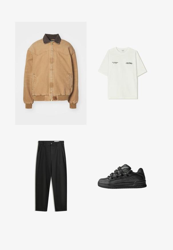 Svetlo rjav bombnik s rjavim ovratnikom in rebrastimi manšetami. Ima sprednji zadrgo in stranske žepke. Gladko blago z enakomernim šivanjem.; Bela bombažna majica s kratkimi rokavi. Na sprednji strani je črn napis: "NE JUTRI NE DANES" in "UMETNOST SVETOVANJA" v zeleni pisavi.; Črne bombažne hlače s sproščenim krojem, ki vključujejo klasičen pas, sprednje gube in stranske žepke. Gladka tekstura brez vzorcev.; Črne superge z gladkim usnjenim zgornjim delom, teksturiranimi detajli in okroglimi črnimi ter belimi vezalkami. Debel gumijast podplat z vzorčastim profilom.