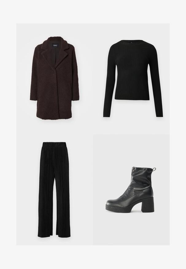 Brown fleece coat with a textured exterior, notched collar, single button closure, and two side pockets; mid-length design.; Black ribbed long-sleeve fitted sweater with a round neckline, displayed against a plain light background.; Black pleated trousers with an elastic waistband. Features wide legs and a smooth, textured fabric with vertical stripes.; Black ankle boots made of smooth leather, featuring a side zipper, chunky textured heel, and rounded toe design.