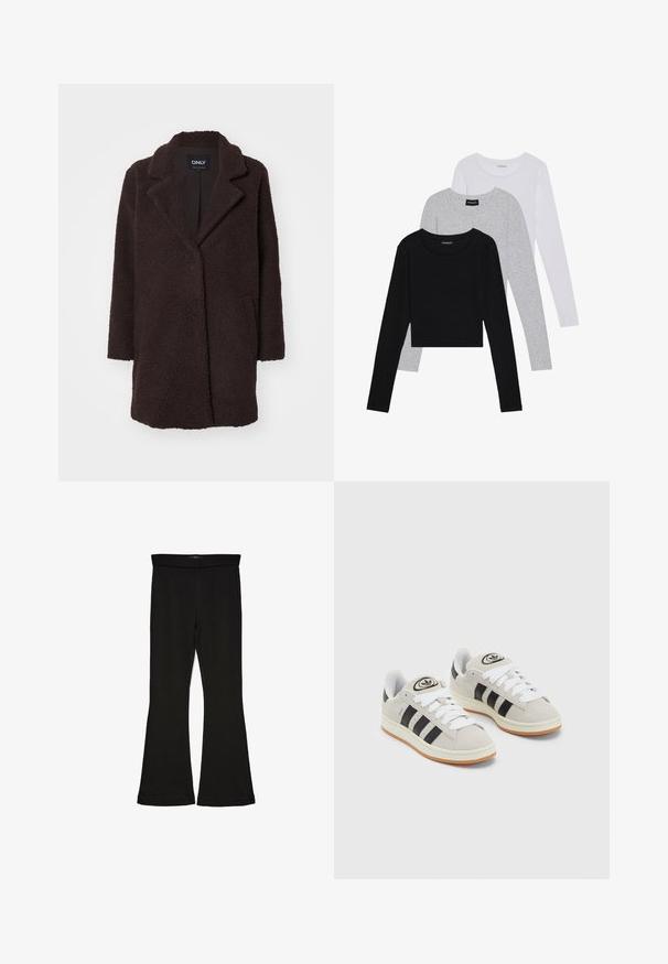 Pruun fliiste mantel tekstuuriga välispinnaga, klapiga krae, ühekordne nupulukk ja kaks küljetaskut; keskmise pikkusega disain.; Kolm pikkade varrukatega toppi, mis on üksteise peale asetatud: must, hall ja valge. Igal ühel on ümar kaelus ja lühike disain, valmistatud siledast, kergekaalulisest kangast.; Mustad mustad sääred, mis on valmistatud venivast kangast. Omab laia vööd ja siledat tekstuuri, sobituv siluett, mis laieneb allservas.; Hallid hallid nahkrennid valgete paeltega, mustade triipudega ja valge kummitaldiga. Omab ümmargust logo keeles ja kummitalda.