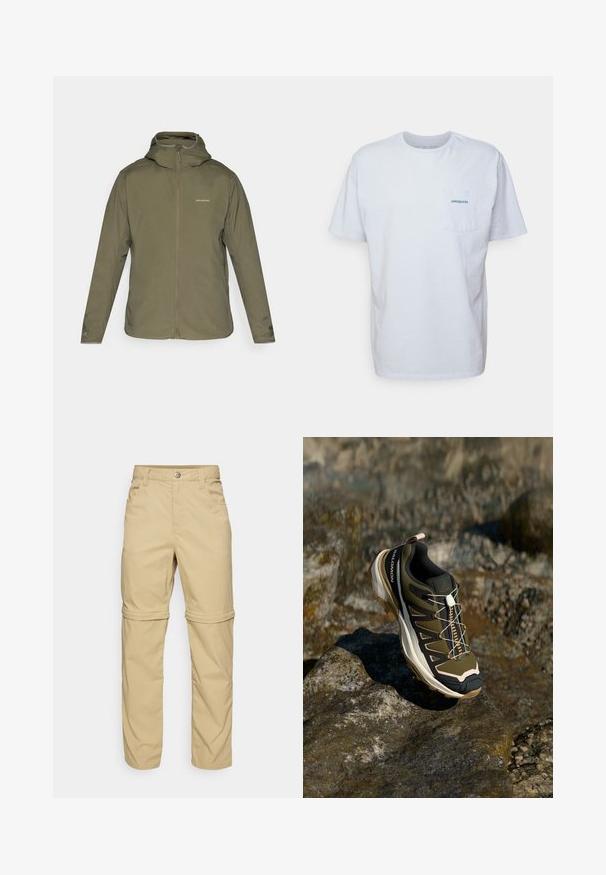 Olivenfarget, lett jakke med glidelås foran, justerbar hette og diskret merke. Glatt tekstur med lange ermer og ingen synlige lommer.; Hvit bomulls t-skjorte med korte ermer, rund hals og en lomme på venstre bryst med en blå "Patagonia" logo. Klassisk passform med jevn tekstur.; Beige avtakbare bukser med en glatt tekstur, som har to sidelommer, knappelukking og oppbrettede ermer for allsidighet.; Fjellsko i olivengrønn og svart med rosa detaljer. Har en teksturert overdel, fleksibel såle, forsterket tåhette og fargerik snøringssystem.