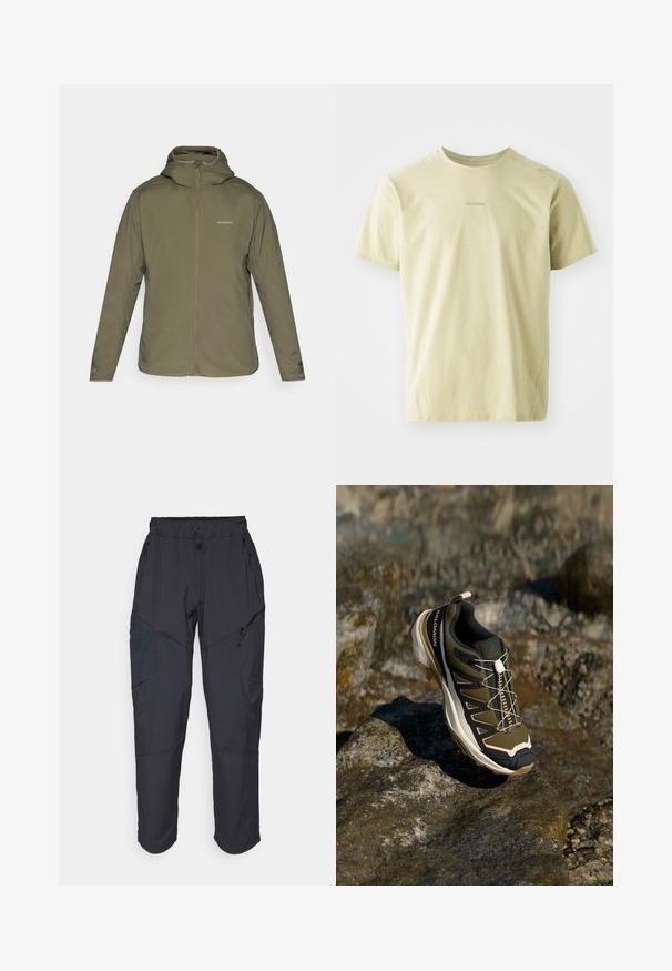 Olivově zelená, lehká bunda se zipem vpředu, nastavitelnou kapucí a diskrétním brandováním. Hladká textura s dlouhými rukávy a žádnými viditelnými kapsami.; Salomon TRACKLINE TEE - Sportovní tričko - gray green; Černé cargo kalhoty vyrobené z lehkého, voděodolného materiálu; mají elastický pas, několik kapes na zip a zúžené nohavice.; Trekové boty v olivově zelené a černé barvě s růžovými detaily. Mají texturovaný svršek, flexibilní podrážku, vyztuženou špičku a barevný systém šněrování.