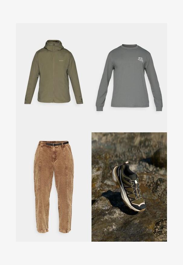 Olive roheline, kerge jakk, millel on lukuga eesmine osa, reguleeritav kapuuts ja peen bränding. Sile tekstuur, pikkade varrukatega ja nähtamatud taskud.; Pikkade varrukatega hall särk, millel on ümmargune kaelus ja valge graafiline logo vasakul rinnal. Sujuv tekstuur ja lihtne disain.; Pruunid corduroy püksid, millel on tekstuurne pind, must reguleeritav vöö, küljetaskud ja mugav lõige. Püksid kitsenevad pahkluude suunas.; Olive rohelised ja mustad matkasaapad roosade aktsentidega. Omab tekstuurset ülemist osa, painduvaid põhi, tugevdatud varbakaitset ja värvilist paeltesüsteemi.