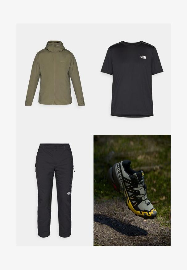 Lekka, oliwkowa kurtka z zamkiem z przodu, regulowanym kapturem i subtelnym logo. Gładka faktura, długie rękawy i brak widocznych kieszeni.; Czarny t-shirt z krótkim rękawem, wykonany z lekkiego materiału. Posiada małe białe logo na lewej piersi oraz subtelne akcenty na ramionach.; The North Face WINTER EXPLORATION czarny; Buty do biegania w terenie Salomon w stonowanej szarości z jaskrawymi żółtymi akcentami. Posiadają teksturowaną podeszwę, zabezpieczający system sznurowania oraz wyściełany kołnierz.