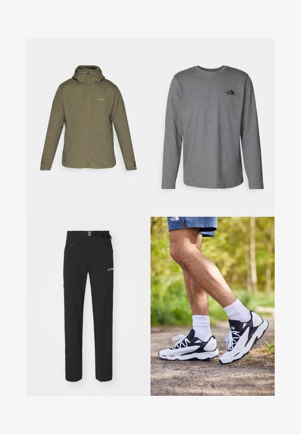 Veste légère olive, avec fermeture éclair à l'avant, capuche ajustable et logo discret. Texture lisse avec des manches longues et sans poches visibles.; The North Face M L/S SIMPLE DOME TEE - T-shirt à manches longues - medium grey heather; Pantalons d'extérieur noirs en tissu lisse, avec poches latérales zippées, sections de genoux renforcées et une taille ajustable avec boucle.; Chaussures de sport noir et blanc avec une tige en mesh, des accents texturés et des lacets blancs. Portées avec des chaussettes blanches et des shorts navy sur un chemin.