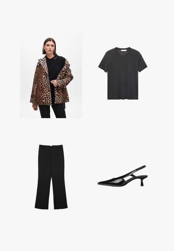 Kaput s leopard uzorkom s dvostrukim preklopom, zlatnim dugmadima i ovratnikom s dekorativnim detaljima. Nošen preko crne majice.; Crna majica s okruglim izrezom napravljena od mekanog pamuka. Kratki rukavi, opušteni kroj i ravni rub bez ukrasnih elemenata ili uzoraka.; Crne hlače ravnog kroja, s prednjim džepovima i bočnim prorezima na rubu. Izrađene od mekog i glatkog materijala. Pogodne za razne prigode.; Crne lakirane natikače na remenčić sa špicastim nosom, dizajnom sa izrezima sa strane i malim kvadratnim potplatom. Glatka tekstura s minimalnim akcentima.