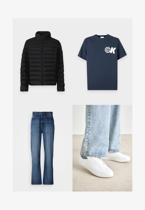Crna puffer jakna s visokim ovratnikom, horizontalnim šavovima i prednjim zatvaračem. Ima bočne džepove i suptilan logo na prsima.; Navy plava kratkih rukava majica s okruglim izrezom, s bijelim CK logotipom i tekstom "Calvin Klein" na lijevoj strani prsa.; Plave traperice s visokim strukom, raširenim nogavicama, dizajnom s pet džepova i toniranom šavom. Imaju kopčanje na gumbe i zakovice na džepovima.; Bijele tenisice od glatkog materijala, s vezivanjem, teksturiranom gumom potplatom i tirkiznim detaljem na peti, u kombinaciji s svijetloplavim trapericama.