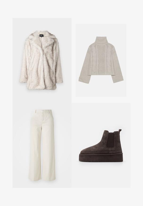 Valgebeez faux karulon, millel on pehme tekstuur, avatud esiosa ja lõigatud krae. Omab lõdva istuvust ja keskmise pikkusega varrukasid.; Lühendatud, heledast hallist kudumist valmistatud sviiter kõrge kraega ja ribidega mansettidega, millel on tekstuursed nööri mustrid seljal ja külgedel.; Laiad püksid helesbežis värvitoonis, valmistatud siledast kangast. Omavad klassikalist vööd ja siledat fronti puhaste joontega.; Pruunid suede Chelsea saapad elastsete külgpaneelidega ja paksu, tekstureeritud platvormitald. Omab kandmismugavuse jaoks kandaabi kandmisel.