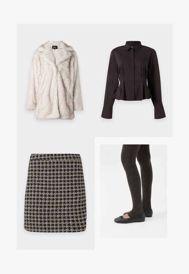 Nepbont jas in lichtbeige met een pluizige textuur, open voorkant en ingeknipte kraag. Heeft een losse pasvorm en middellange mouwen.; Zwarte blouse voor dames met lange mouwen, een puntige kraag, verborgen knopen aan de voorkant, een getailleerde taille en een uitlopende onderkant en manchetten.; Zwart en beige geruite minirok met een textuurweving en een gladde tailleband, met een gestructureerde pasvorm en eenvoudig ontwerp.; Zwarte platte schoenen met een kleine strikdetail op de neus, gecombineerd met donkerbruine geribbelde panty’s. De schoenen hebben een gladde textuur en een lage profiel.