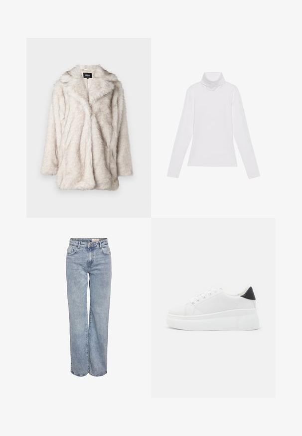 Mākslīgās kažokādas mētelis gaišā bēšā krāsā ar mīkstu tekstūru, atvērta priekšpuse un iegriezta apkakle. Tam ir brīvs piegriezums un vidēja garuma piedurknes.; Balts garie piedurknēm turtlenecks krekls, izgatavots no gludas, elastīgas auduma. Iezīmē augstu apkakli un pielāgotu dizainu, bez redzamām rakstainām vai rotājumiem.; Gaiši zili platlapu džinsi, izgatavoti no denima, ar augstu jostasvietu, piecu kabatu dizainu un vieglu nolietojuma efektu.; Baltas platforma kedas, izgatavotas no gludas sintētiskas vielas, ar noapaļotu purngalu, saites dizainu un teksturētu gumijas zoli. Melna papēža akcenta detaļa.