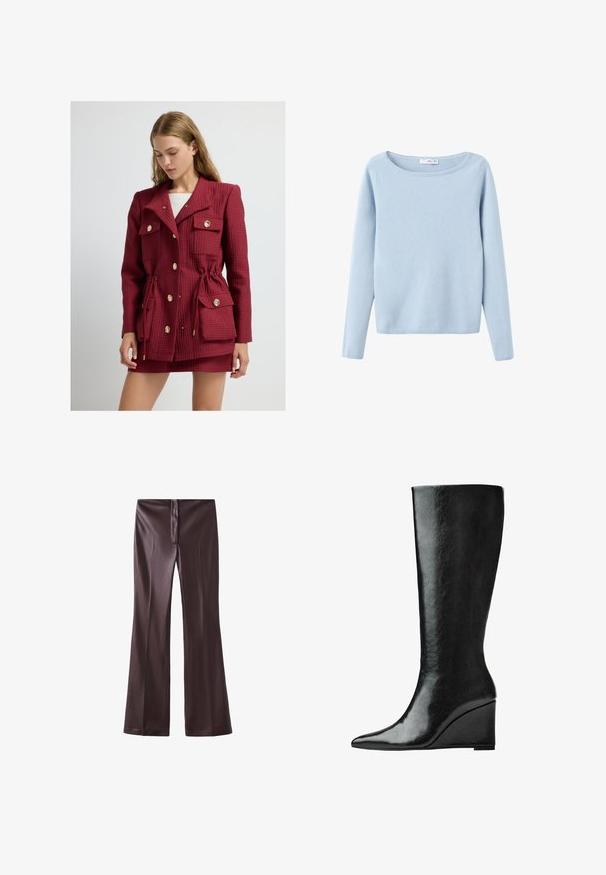 Rode gewatteerde jas met een riem in de taille, gouden knopen, dubbele borstzakken en een geknipte kraag. Textuurstof voegt diepte toe.; Lichtblauw, lange mouwen, gebreide trui met een brede ronde halslijn, eenvoudig stijl, en ribgebreide manchetten en onderrand.; Bruine flared pants van een gladde stof met een strakke afwerking. Bevat een rits aan de voorkant en een nette tailleband.; Kniehoge zwarte leren laarzen met een slanke, puntige neus en een wiggle heel. Het oppervlak is glad met een glanzende afwerking.
