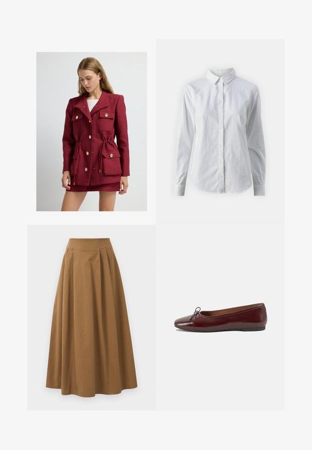 Czerwona pikowana kurtka z paskiem w talii, złotymi guzikami, podwójnymi kieszeniami na piersi i kołnierzykiem ze szczeliną. Teksturowany materiał dodaje głębi.; Biała koszula zapinana na guziki, wykonana z gładkiej bawełny, z klasycznym kołnierzykiem, długimi rękawami i zaokrąglonym dołem. Guziki są małe i białe.; Brąskowa bawełniana spódnica w kształcie litery A z wysokim stanem, z plisami z przodu i gładką fakturą. Wykończenia dołu są czyste i proste.; Bordowe baleriny z lakierowanej skóry z zaokrąglonym noskiem, małą kokardką z przodu oraz niską, czarną gumową podeszwą. Gładka tekstura.