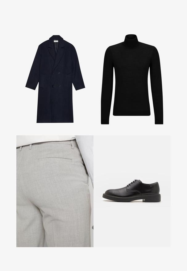 Tmavomodrý dvojradový kabát s vzorom rybej kosti, s výstrihom do V, dvoma prednými vreckami a štruktúrovanou tkaninou.; Čierny rolák vyrobený z jemného materiálu, s dlhými rukávmi a tesným strihom. Hranatý lem a manžety s ribbed úpravou. Jednoduchý dizajn.; Svetlosivé nohavice na mieru vyrobené zo štruktúrovanej látky, s jedným zadným vreckom a čistým prešívaním.; Čierne kožené šnurovacie topánky s okrúhlou špičkou, hladkým povrchom, minimálnym prešívaním a nízkym gumovým podpätkom. Logo na podpätku.