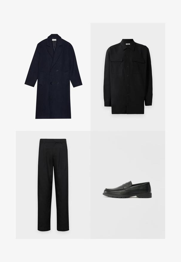 Sötét tengerészkék, dupla mellényes kabát, halszálka mintázattal, ami hegyes gallérral, két elülső zsebbel és strukturált anyaggal rendelkezik.; Fekete gombos ing, sima anyagból készült, klasszikus gallérral, két elülső zsebbel és hosszú ujjakkal, amelyek gombos mandzsettával záródnak.; Fekete nadrág sima anyagból, egyenes szárú fazonnal, két elülső redővel és közönséges derékkal, övhurkokkal.; Fekete bőr mokaszinok sima felülettel, a mokaszin stílusú felsőrésszel, varrott részletezéssel és gumitalppal. Klasszikus dizájn alacsony sarokkal.