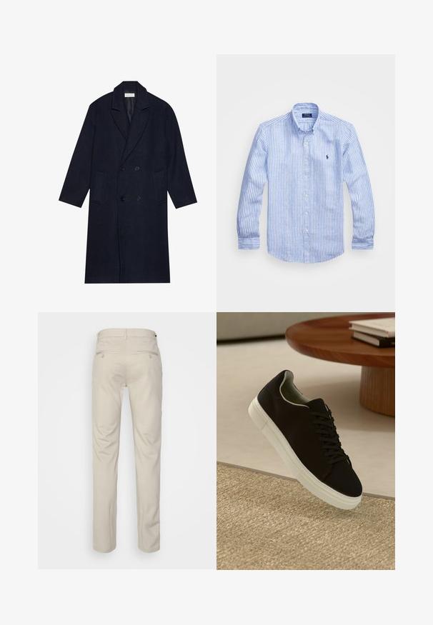 Tamsiai mėlynas dvigubos sagos paltas, pagamintas šamai raštu, su atlenkiamu apykakle, dviem priekinėmis kišenėmis ir tekstūruota medžiaga.; Mėlynos ir baltos dryžuotos ilgomis rankovėmis medvilninė marškiniai, turintys sagtelę ant apykaklės, priekinius mygtukus ir mažą išsiuvinėtą logotipą krūtinėje.; Bežinės kelnės su lygia tekstūra, tiesiu pjūviu, dviem užpakalinėmis kišenėmis su sagomis ir standartine juosmena.; Juodas sportinis batelis su baltu padu, lekiančius virš smėlio spalvos tekstūruoto kilimo šalia apvalaus medinio stalo su sukrautomis knygomis.
