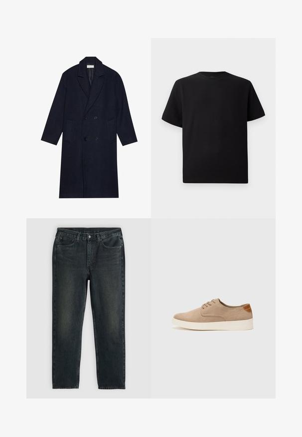 Sötét tengerészkék, dupla mellényes kabát, halszálka mintázattal, ami hegyes gallérral, két elülső zsebbel és strukturált anyaggal rendelkezik.; Fekete, rövid ujjú póló texturált anyagból, kerek nyakkivágással és laza fazonnal. Egyszerű, minta és díszítés nélkül.; Fekete farmernadrág egyenes szárú szabással, öt zsebes kialakítással és enyhe kopási részletekkel. Gombos és cipzáras záródással rendelkezik.; Beige velúr sportcipő, kerek orral, fűzős elülső résszel és textúrált hátsó részlettel. Fehér gumitalp kontrasztot ad. Egyszerű és modern design.