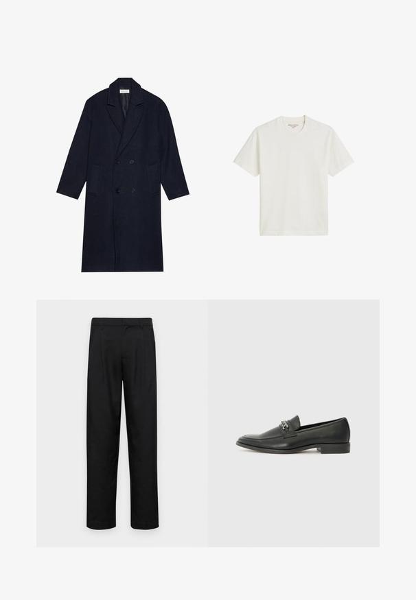 Manteau croisé en bleu marine foncé au motif en chevrons, avec un col cranté, deux poches avant et un tissu texturé.; T-shirt en coton blanc cassé, design à col rond avec des manches courtes, présentant un ourlet droit et un branding minimal sur l'étiquette.; Pantalons noirs en tissu lisse, avec une coupe droite, deux plis avant et une taille standard avec passants de ceinture.; Mocassin en cuir noir avec une finition lisse, présentant un design cousu et une accent décoratif en chaîne métallique sur le rand. Talon plat.