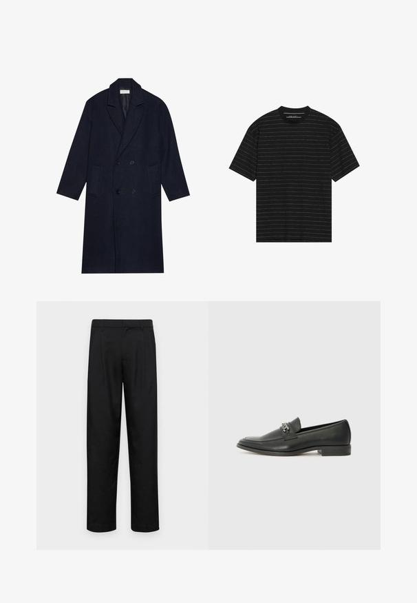 Mörk marinblå dubbelknäppt kappa i en herringbone-mönster, med slagkrage, två framfickor och strukturtyg.; Svart kortärmad t-shirt med tunna vita horisontella ränder. Tillverkad av mjukt tyg med rundad hals och avslappnad passform.; Svarta byxor i slät väv, med rak ben-design, två framfickor och standardmidja med bälteshällor.; Svart läderloafers med en slät yta, med en sydd design och en dekorativ metallkedjeaccent över västen. Platt häldesign.