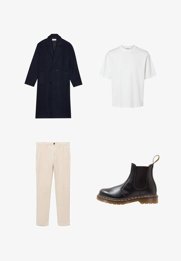 Tmavě modrý dvouřadý kabát s vzorem herringbone, s klopovou límcem, dvěma předními kapsami a texturovanou látkou.; Bílý bavlněný tričko s krátkými rukávy, klasickým kulatým výstřihem a volným střihem. Hladká textura bez viditelných vzorů nebo akcentů.; Bežové bavlněné kalhoty s rovný fit, které mají dvě boční kapsy, přední zapínání na knoflík a zip a hladkou texturu.; Černé kožené Chelsea boty s elastickými bočními panely, žlutým prošíváním a texturovanou gumovou podrážkou. Mají poutko pro snadné obouvání.