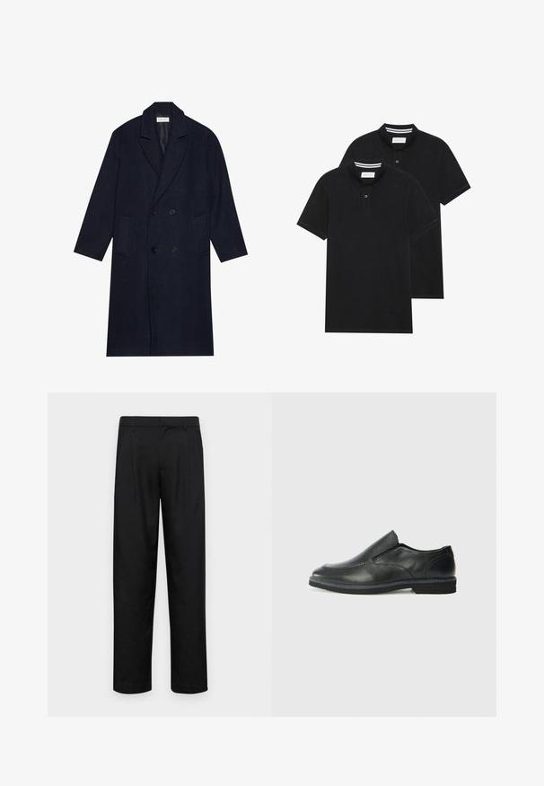 Temno modra dvoredna plašča v ribjo kost vzorcu, z izrezanim ovratnikom, dvema sprednjima žepoma in teksturirano tkanino.; Dve črne polo majice, kratke rokave, iz bombažnega materiala, z klasik ovratnikom, dvobodno zaponko in belimi črtkami znotraj ovratnika.; Črne hlače iz gladkega materiala, s krojem ravne noge, dvema sprednjima pregiboma in standardnim pasom z zankami za pas.; Črne usnjene natikače z gladkim zgornjim delom, prišitimi detajli, zaobljenim nosom in nizkim gumijastim petkom. Podplat ima minimalen profil.