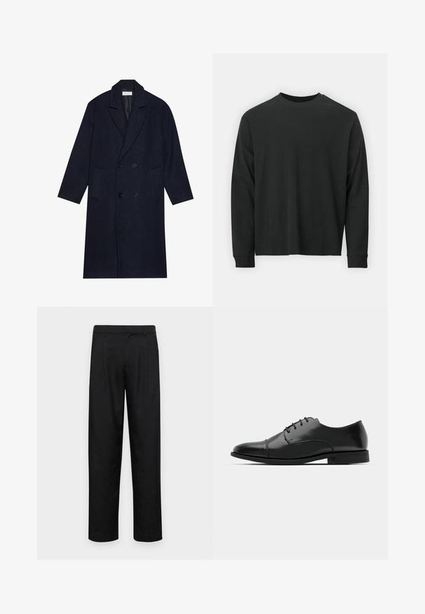 Mørkeblå dobbeltradet frakke i hørmønster, med krave med knop, to forlommer og tekstureret stof.; Langærmet sort T-shirt lavet af bomuld, med rund halsudskæring, løs pasform og ribbede ærmer. Glat tekstur uden synlige mønstre.; Sorte bukser lavet af glat stof, med et lige ben-design, to frontfolder og en standard talje med bæltestropper.; Sort læder dress-sko med rund tå, snørebåndsdesign, diskrete syninger og lav hæl. Glat tekstur med poleret finish.
