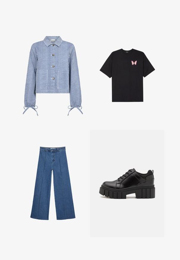 Črtasta modro-bela skrajšana jakna z gumbnim zapiranjem spredaj, dolgimi rokavi z nabranimi manšetami, dvema sprednjima žepoma in klasičnim ovratnikom.; Črna bombažna majica s kratkimi rokavi, ki ima majhen roza metuljček na levi strani prsnega dela. Majica s krožnim ovratnikom in sproščenim krojem.; Jeans širokih nogavic v srednji modri barvi, z visokim pasom, gumbom in kontrastnimi navpičnimi šivi spredaj.; Črne usnjene platforme z debelim blokastim petam, okroglo konico in klasičnim vezanjem. Imajo gladko teksturo in minimalne podrobnosti.