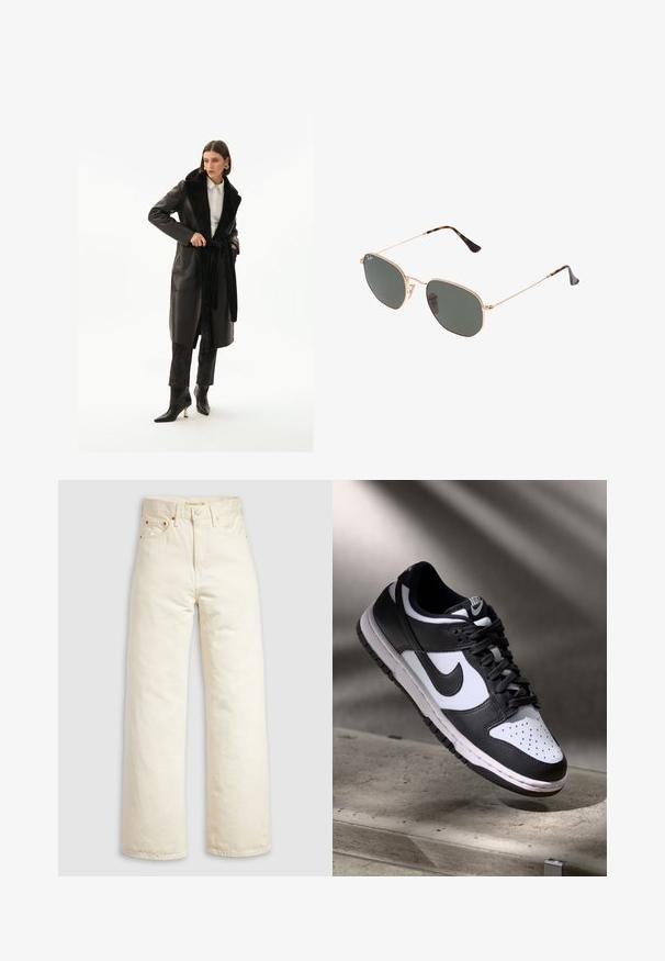 Černý kožený kabát s límcem z umělé kožešiny, sešněrovaný v pase a s bočními kapsami, nošený přes tmavé vzorované kalhoty a boty s špičatou špičkou.; Bílý dlouhý rukávový top s širokým výstřihem, bočními rozparky a hladkým, lehkým materiálem, který má jednoduchý, minimalistický design.; Džíny s širokými nohavicemi z béžového denimu, s vysokým pasem, měděnými nýty a klasickým pětipoklopovým designem. Texturovaná látka s čistými lemy.; Černobílé tenisky Nike Dunk Low s koženým svrškem, perforovanou špičkou a černými tkaničkami, s bílou podrážkou a akcenty loga.; Sluneční brýle s kovovým zlatým rámem a tmavě zelenými skly, styl aviatorek, s úzkými obroučkami a želvovinovými akcenty na špičkách.; Šedá tkaná kabelka s trojúhelníkovým tvarem, s jedním popruhem a texturovaným povrchem, zipovým uzávěrem a jednotným vzorem po celém povrchu.
