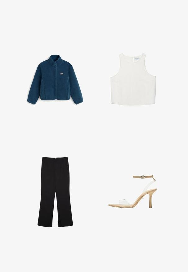 Tmavě modrá sherpa fleece bunda s vysokým límcem, dlouhými rukávy a malou obdélníkovou nášivkou na hrudi.; Bílý bezrukávový top s kulatým výstřihem, který má jemnou texturu, detaily v oblasti zad ve tvaru klíčové dírky a rovný lem.; Černé kalhoty s rovným střihem, s předními kapsami a bočními rozparky na lemu. Vyrobené z jemné, hladké tkaniny. Vhodné na různé příležitosti.; Průhledná sandálová obuv s průhledným svrškem, béžovou stélkou a štíhlým páskem kolem kotníku. Má špičatou špičku a tenký vysoký podpatek.