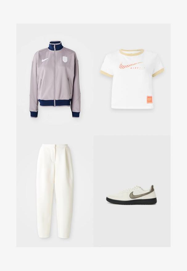 Lysegrå atletisk jakke med høj krave, lynlås lukning, marineblå detaljer, to sidelommer og et logo på brystet.; Hvid T-shirt med guldtrim, prydet med et rødt ternet Nike swoosh-logo, "NIKE AIR" tekst og et lille orange Nike-tag i kanten.; Højtaljede tapered hvide bukser med skjult frontlukning og sidelommer, vist på en ensfarvet hvid baggrund.; Nike Sportswear FIELD GENERAL - Sneakers - off-white/black