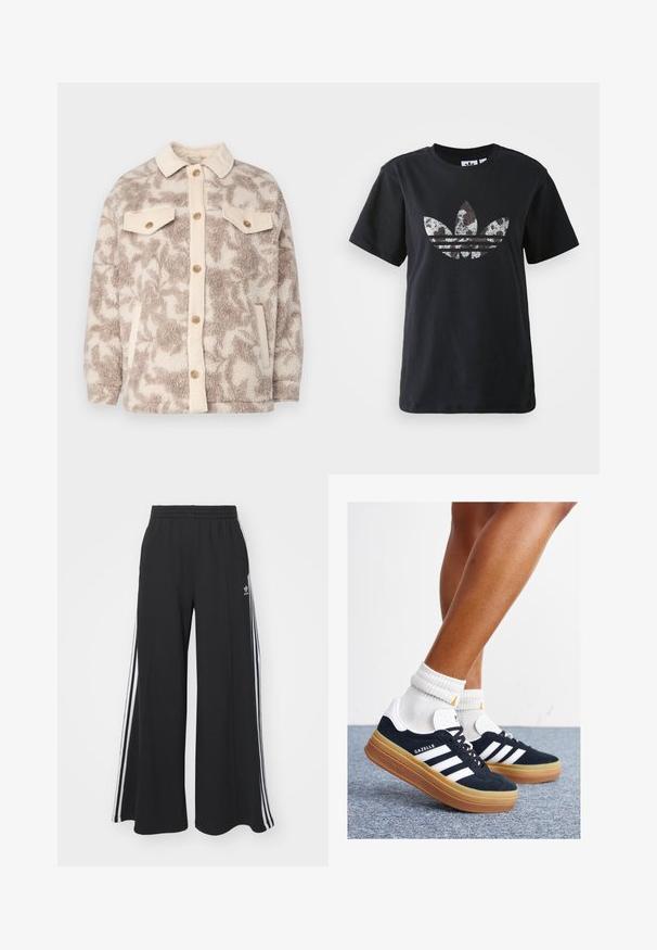 Flis jopica z bež in kremasto abstraktno vzorcem, žametnim ovratnikom, z gumbi spredaj in dvema žepoma na prsih z detajli gumbov.; Črna bombažna majica s kratkimi rokavi, ki na sprednji strani vsebuje velik srebrno-rjavi grafični motiv Adidasovega logotipa in treh črt.; Črne široke trenirke z elastičnim pasom, ki imajo bele stranske proge in vezeno logo na levi stegna.; Črni antilop superge z belimi črtami in poudarki, okrogel prst, gumijasti podplat, kombinirane z belimi rebrastimi nogavicami.