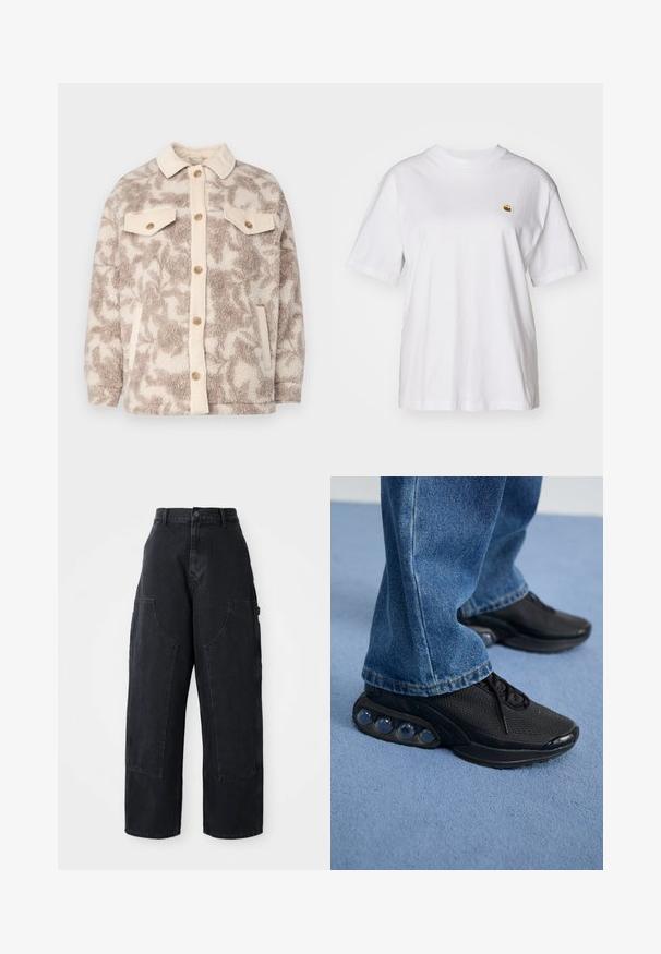 Fleece jack met een beige en crème abstract patroon, een corduroy kraag, knoopsluiting aan de voorkant en twee borstzakken met knoopdetails.; Witte katoenen t-shirt met een relaxte pasvorm, korte mouwen en een klein geborduurd logo op de linkerborst.; Zwarte denim cargo broek met wijde been, hoge taille, twee grote voorkanten zakken en een knoopsluiting bij de taille. Soepele textuur, casual ontwerp.; Zwarte sportieve sneakers met een bovenwerk van mesh, gestructureerde accenten en zichtbare luchtkussentjes in de zool. Gedragen met blauwe denim jeans.