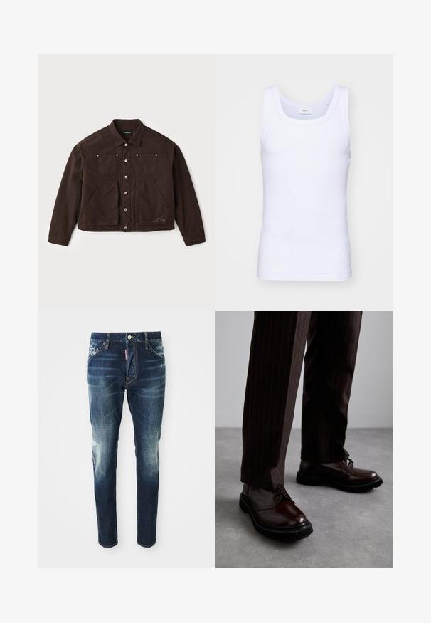 Brown canvas jacket featuring a button-up front, two chest pockets, and two larger front pockets. Notable stitching and logo detail on the side.; White cotton sleeveless tank top with a round neckline, featuring a smooth texture and a fitting shape, designed for casual wear.; Dark blue denim jeans with a slim fit, featuring faded areas on the thighs and knees, five pockets, and a metal button closure.; Brown leather lace-up shoes with a glossy finish, black rubber sole, and subtle stitching. Worn with pinstriped brown trousers.