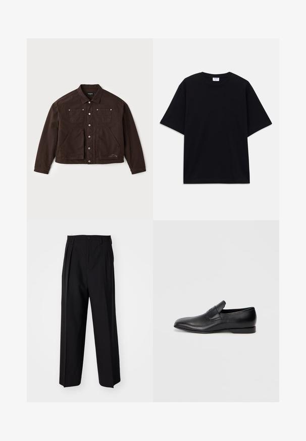 Hnedá plátená bunda so zapínaním na gombíky, dvomi náprsními vreckami a dvomi väčšími prednými vreckami. Výrazné prešívanie a detail loga na boku.; Čierne nadrozmerné tričko s krátkym rukávom a okrúhlym výstrihom, s viditeľnou značkovou etikou Filippa K vo vnútri goliera.; Čierne skladané nohavice s rovnom, širokým strihom. Vyrobené z hladkého materiálu, s gombíkovým zapínaním a pútkami na opasok.; Čierne kožené poltopánky bez šnúrok s ostrou špičkou, hladkou textúrou a diskrétnym logom na boku. Nízky podpätok s čistým, minimalistickým dizajnom.