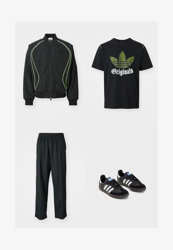 Black bomber jacket with neon green piping, ribbed cuffs, and collar. Features a zip front and side zip pocket. Made from lightweight material.; Black cotton t-shirt featuring a distressed green graphic with three stripes and the word "Originals" below in white, round neckline, short sleeves.; Black athletic pants with an elastic waistband, made of smooth fabric, featuring subtle side stitching and a relaxed fit, straight leg design.; Black sneakers with a suede and synthetic upper, featuring three white stripes, textured rubber sole, and blue logo tag on the tongue.