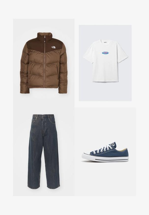 Brūna pūkaina jakas ar rāvējslēdzēja priekšpusi, augstu apkakli un tumšākas brūnas akcentus plecos. Iekļauts logs kreisajā krūtī.; Balta kokvilnas T-krekls ar pārliecīgu piegriezumu, ar krāsainu grafisku dizainu rozā un zilā krāsā priekšā. Apaļa apkakle, īsas piedurknes.; Plašas kāju tumši zili džinsi ar vieglu nolietojumu, pieci kabatas un klasiskā pogu un rāvējslēdzēja aizdare jostasvietā.; Navy zila auduma kedu ar baltām acīm un šņorēm, ar baltu gumijas pirksta daļu un melnu akcentu pa zoli.