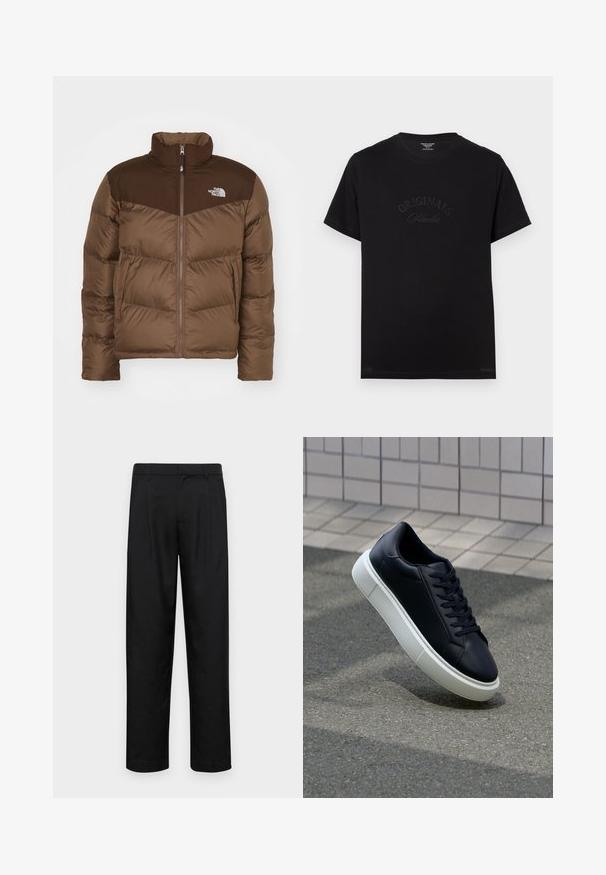 Bruine pufferjas met een rits aan de voorkant, een hoge kraag en een donkerdere bruine accent bij de schouders. Inclusief het logo op de linkerborst.; Zwarte katoenen t-shirt met korte mouwen en een ronde hals. Kenmerkt zich door "ORIGINALS Studio" in ton-sur-ton letters op de voorkant.; Zwarte broeken van gladde stof, met een recht model, twee voorknikken en een standaard tailleband met riemlussen.; Zwarte leren sneaker met een ronde neus en een witte rubberen zool. Voorzien van platte veters en minimale stiksels op het bovenwerk. Textuurrijke zool voor grip.