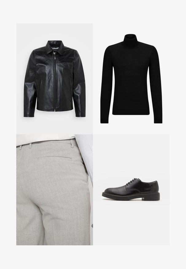Schwarze Lederjacke mit Kragen, Frontreißverschluss, zwei Seitentaschen und glatter Textur. Mit Markenlogo innen am Kragen.; Schwarzer Rollkragenpullover aus weichem Material mit langen Ärmeln und enger Passform. Rippbesatz am Saum und an den Bündchen. Einfaches Design.; Hellgraue, maßgeschneiderte Hose aus strukturiertem Stoff, mit einer einzelnen Gesäßtasche und sauberer Nahtführung.; Schwarzer Leder-Schnürschuh mit abgerundetem Zeh, glatter Textur, minimaler Naht und niedrigem Gummiabsatz. Logo auf der Ferse.