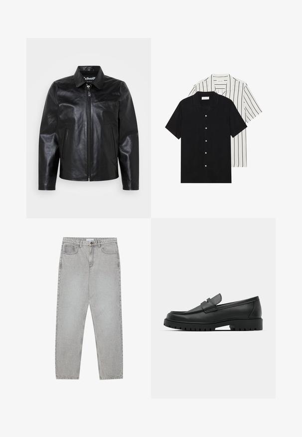 Juodas odinis švarkas su apykakle, priekiniais užtrauktukais, dviem šoniniais kišenėmis ir lygiu paviršiumi. Vidinėje apykaklėje yra prekinio ženklo logotipas.; Du šortais rankovėmis marškiniai: vieni visiškai juodi, kiti balti su juodomis vertikaliomis juostelėmis. Abu turi mygtukų užsegimus ir klasikinį apykaklę.; Šviesiai pilki džinsai su tiesiu kirpimu, penkiais kišenėmis ir mygtuko uždarymu. Matoma siuvimo linija palei siūles.; Juodi odiniai loaferiai su apvalia nosimi, su siuvinėtu dizainu, žemu platformos padu ir tekstūruotu, sukibimo raštu padu.
